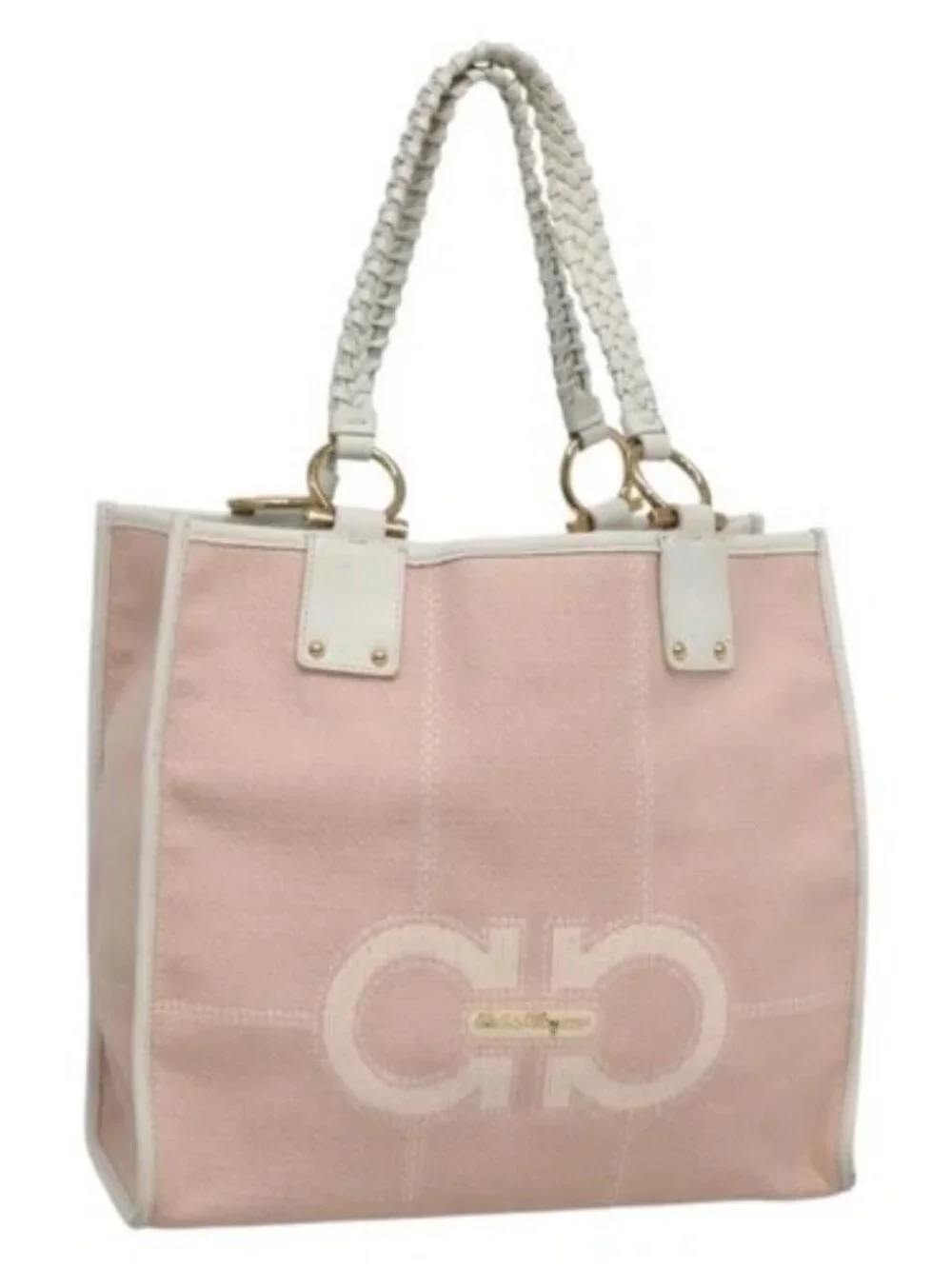 Salvatore Ferragamo Gancini Tote Bag Canvas Leather Pink White gold Auth EC754
